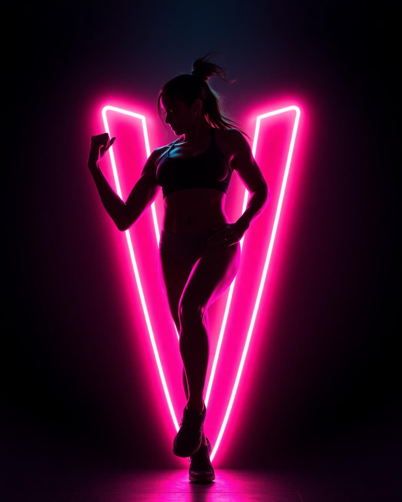 Strong woman in warrior pose with neon glow